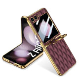 DIGITAL STAR Luxury Leather Case Compatible with Samsung Galaxy Z Flip 6 | Golden Plated Cushion Cover with Ring Holder | Screen Protector | Anti-Slip Shockproof Design