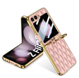 DIGITAL STAR Luxury Leather Case Compatible with Samsung Galaxy Z Flip 6 | Golden Plated Cushion Cover with Ring Holder | Screen Protector | Anti-Slip Shockproof Design
