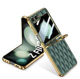 DIGITAL STAR Luxury Leather Case Compatible with Samsung Galaxy Z Flip 6 | Golden Plated Cushion Cover with Ring Holder | Screen Protector | Anti-Slip Shockproof Design