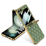 DIGITAL STAR Luxury Leather Case Compatible with Samsung Galaxy Z Flip 6 | Golden Plated Cushion Cover with Ring Holder | Screen Protector | Anti-Slip Shockproof Design