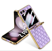 DIGITAL STAR Luxury Leather Case Compatible with Samsung Galaxy Z Flip 6 | Golden Plated Cushion Cover with Ring Holder | Screen Protector | Anti-Slip Shockproof Design