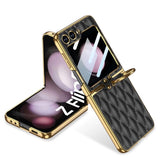 DIGITAL STAR Luxury Leather Case Compatible with Samsung Galaxy Z Flip 6 | Golden Plated Cushion Cover with Ring Holder | Screen Protector | Anti-Slip Shockproof Design