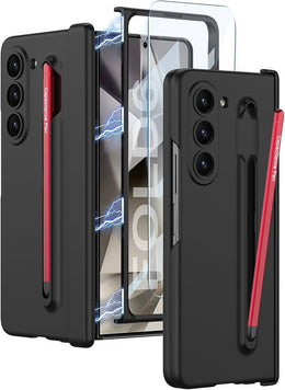 DIGITAL STAR Thin Case with Pen Holder and Pen Compatible with Samsung Galaxy Z Fold 5 Front Glass Cover Hard PC Protective, Black with Red Pen