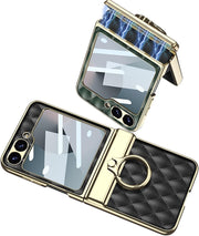 DIGITAL STAR Luxury Leather Case for Samsung Galaxy Z Flip6 | Stylish Lightweight Cover with Finger Ring Holder & Built-in Screen Protector | Shockproof Full Body Flip6 Leather Case