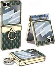 DIGITAL STAR Luxury Leather Case for Samsung Galaxy Z Flip6 | Stylish Lightweight Cover with Finger Ring Holder & Built-in Screen Protector | Shockproof Full Body Flip6 Leather Case