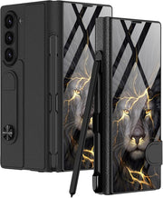 DIGITAL STAR for Samsung Galaxy Z Fold 6 with S-Pen Holder Case Flip Colorful Plating Glass Hybrid Leather All-Inclusive Cover for Samsung Galaxy Z Fold 6 (Lion)