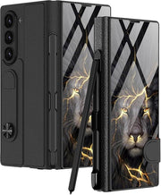 DIGITAL STAR Hybrid Premium Case Compatible with Samsung Galaxy Z Fold 6 Case with S-Pen Holder Case Flip Colorful Plating Glass Leather All-Inclusive Cover for Samsung Galaxy Z Fold 6 (Lion Black)