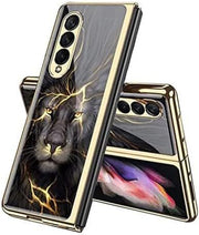 DIGITAL STAR  Mobile Accessories Metallic Lion Pattern Glass Back Case Cover for Samsung Galaxy Fold 3 Lion Black Gold